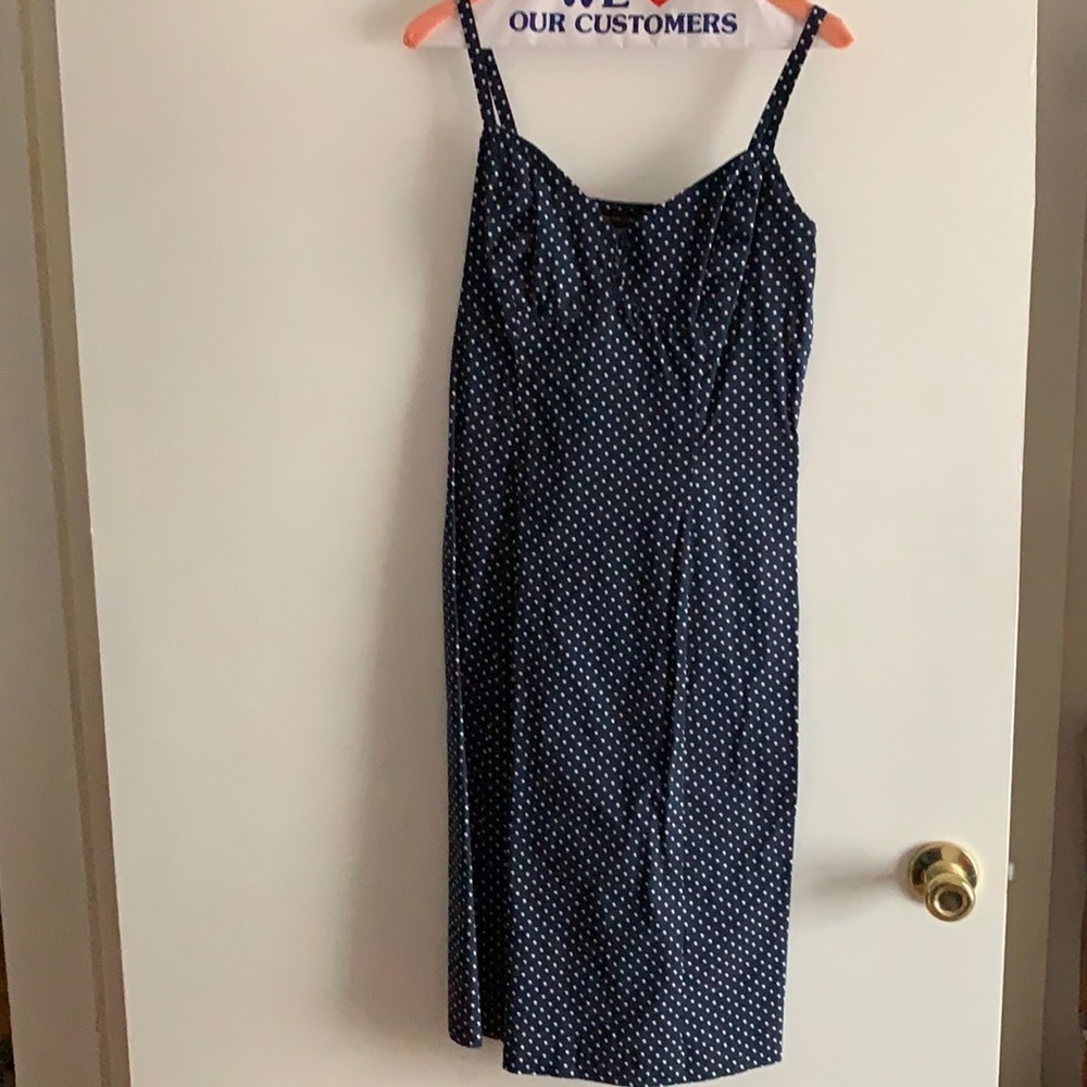 Blue and white polka dot dress